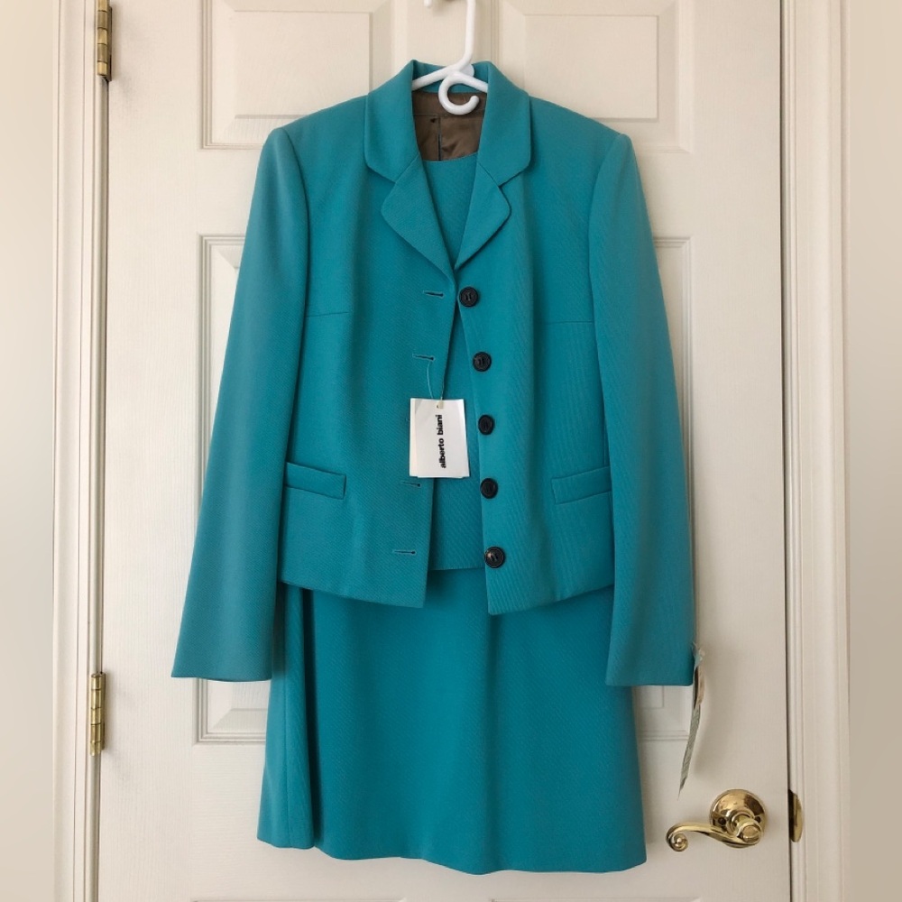 NWT Alberto Biani 3-Piece Wool Skirt Suit Blue Italian Size 44/US Size 8